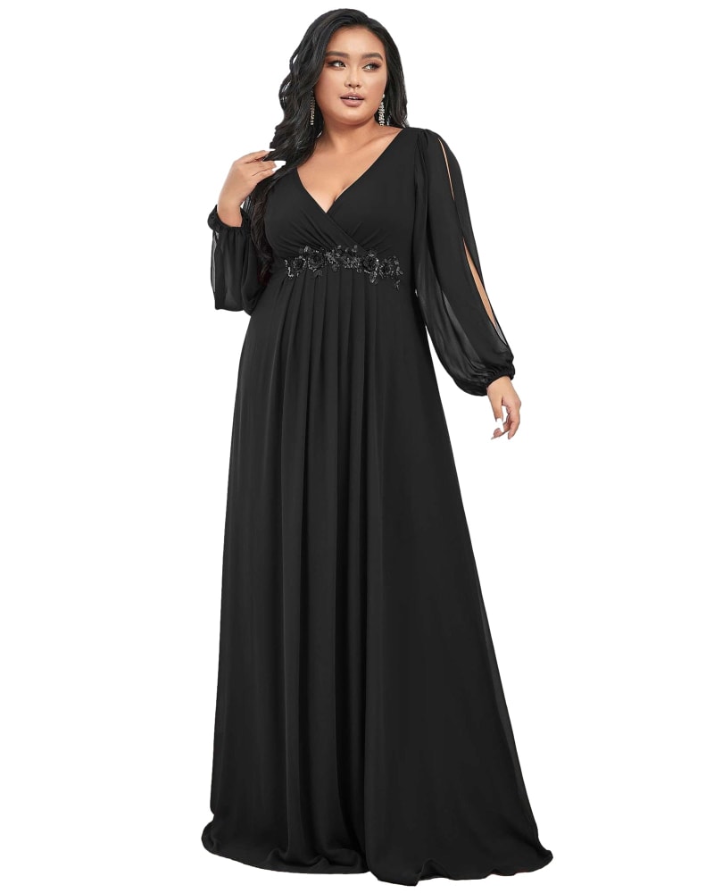 Front of a model wearing a size 22 Chiffon V-Neckline Long Sleeve Formal Evening Dress in Black by Ever-Pretty. | dia_product_style_image_id:284558